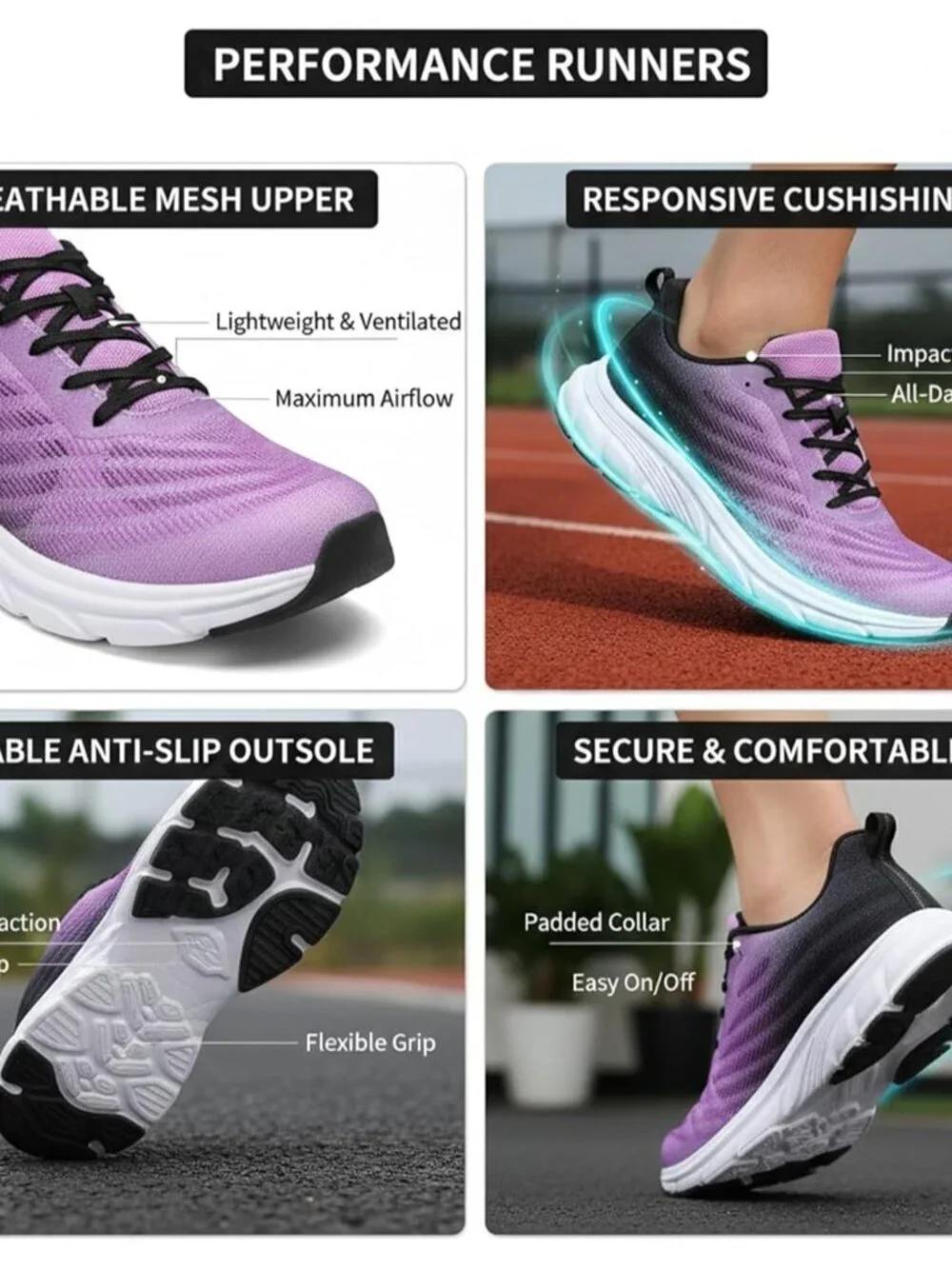 Women's Purple Black Running Shoes Breathable Casual Non Slip Walking Sneakers